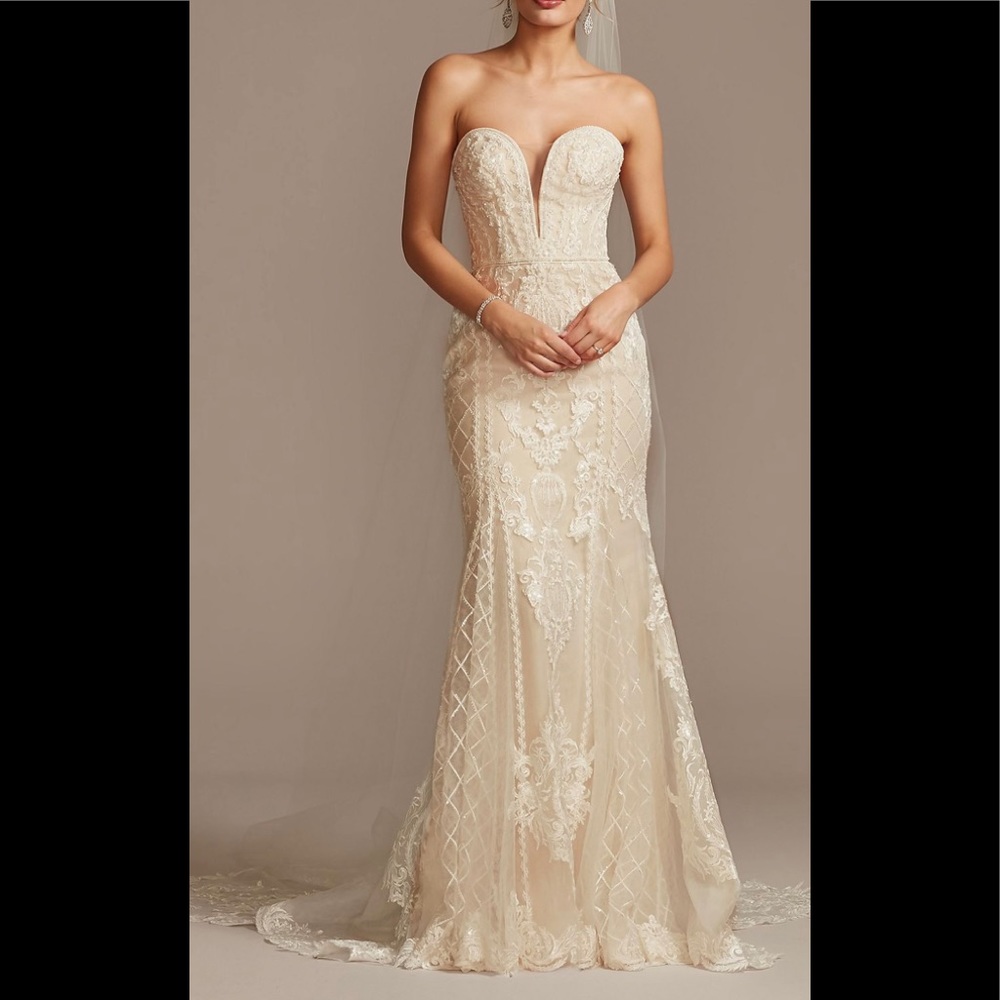 Oleg Cassini Beaded Scroll and Lace Mermaid Wedding Dress